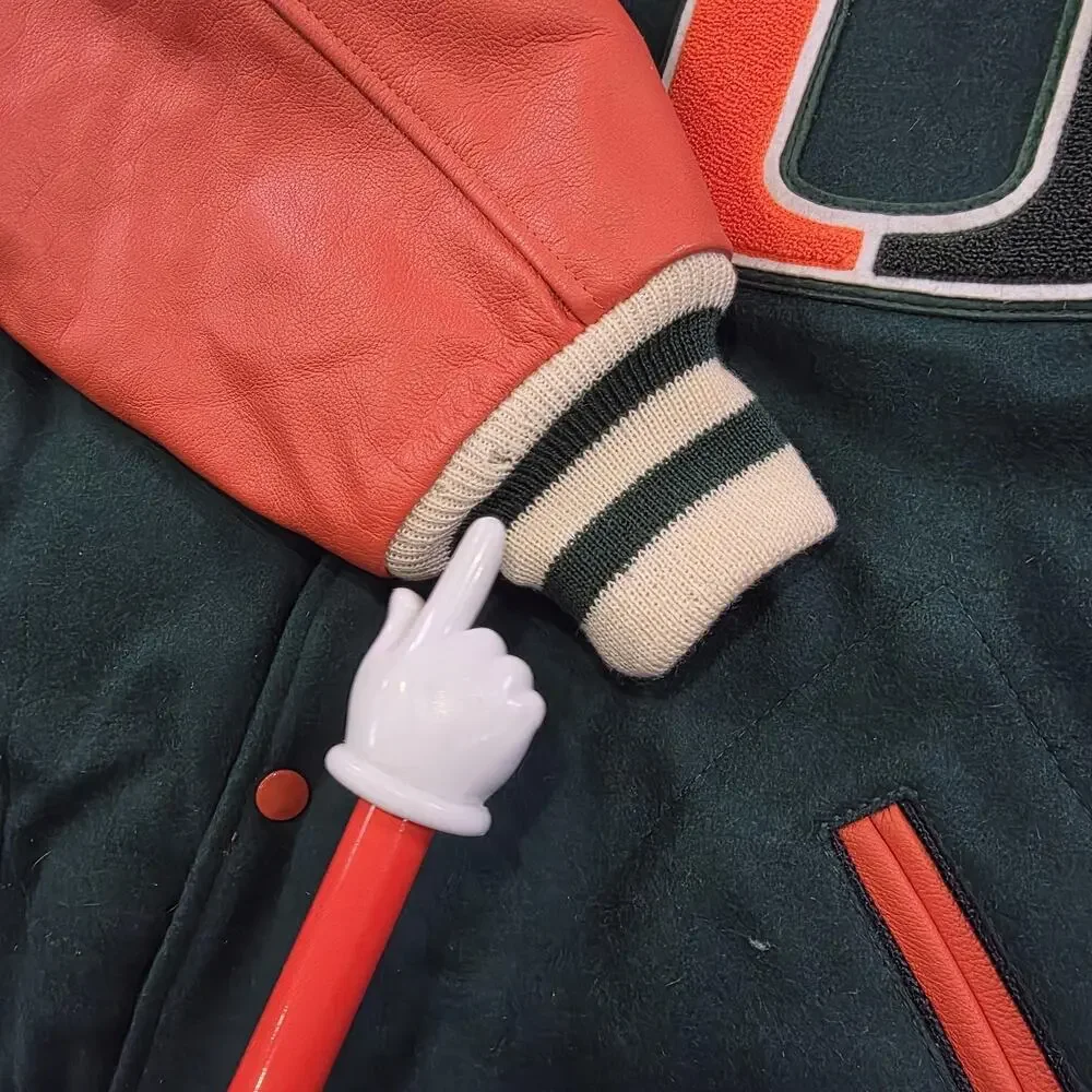 Miami Hurricanes Varsity Jacket Mens 2XL Green Orange NCAA Football Zoom ID Wool